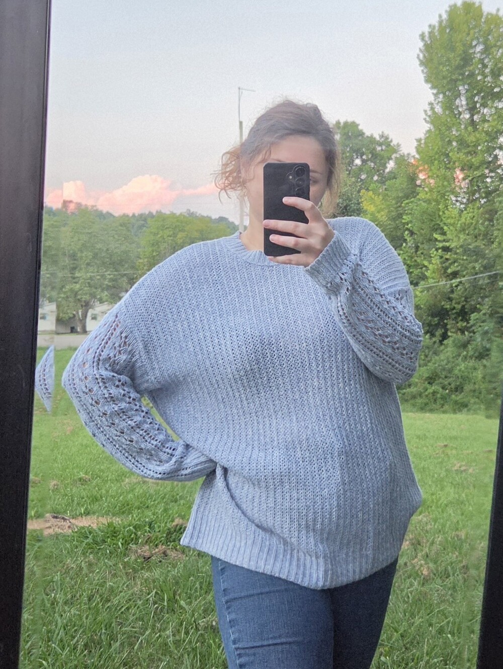 Small Oversized Light Blue American Eagle Knit Sweater